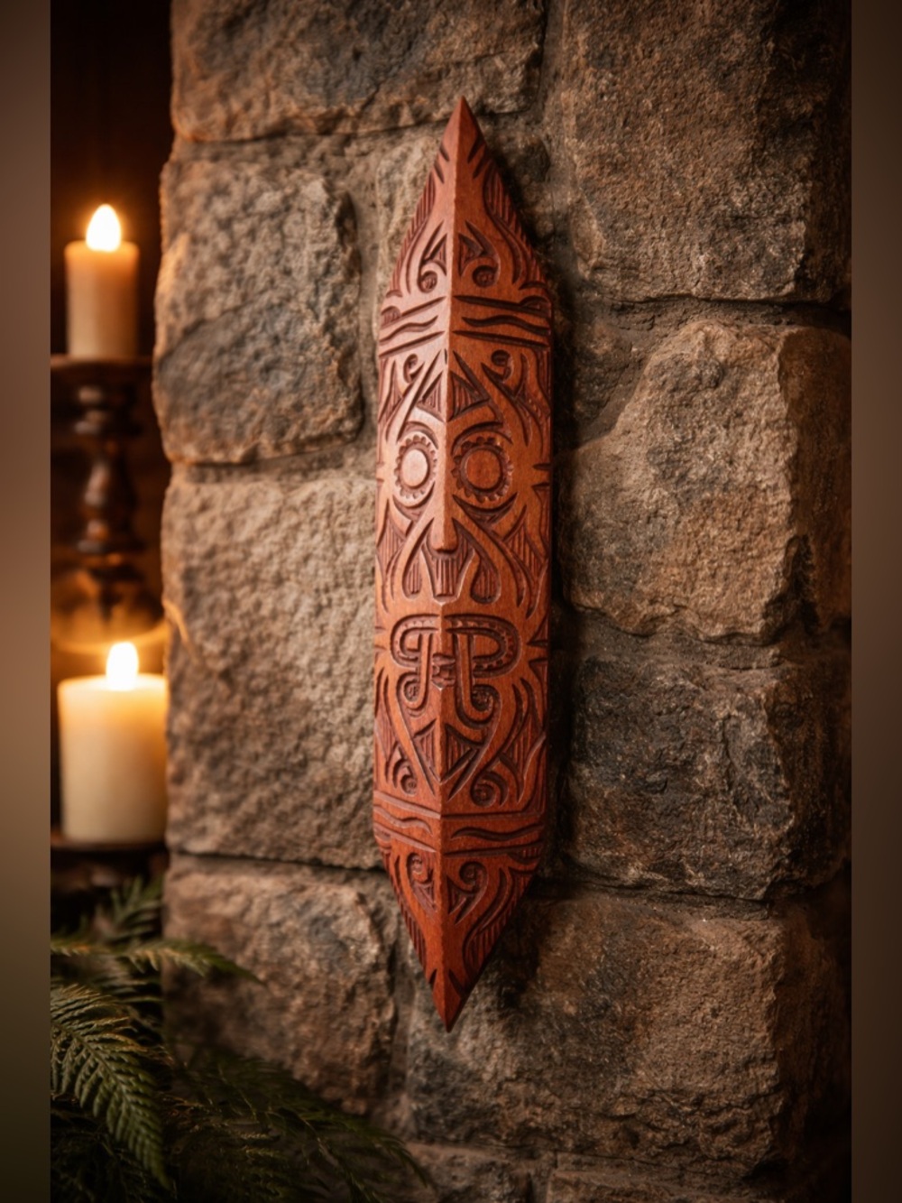 Vintage Hand-Carved Tribal Style Shield Wall Decor • Approx. 12”